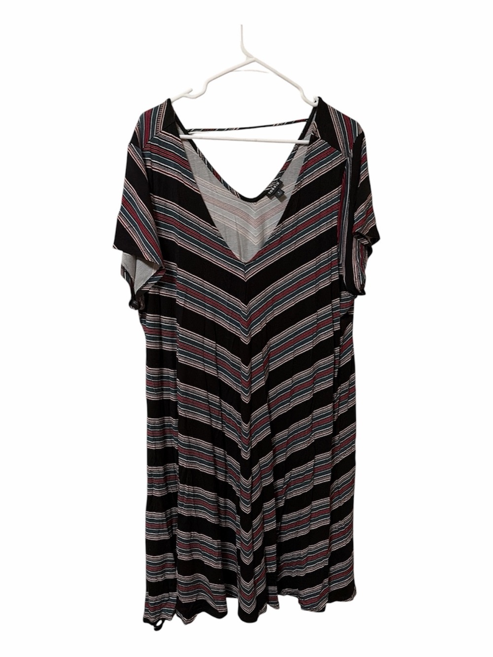 Torrid Striped V-Neck Swing Dress in Black with Multicolor Stripes